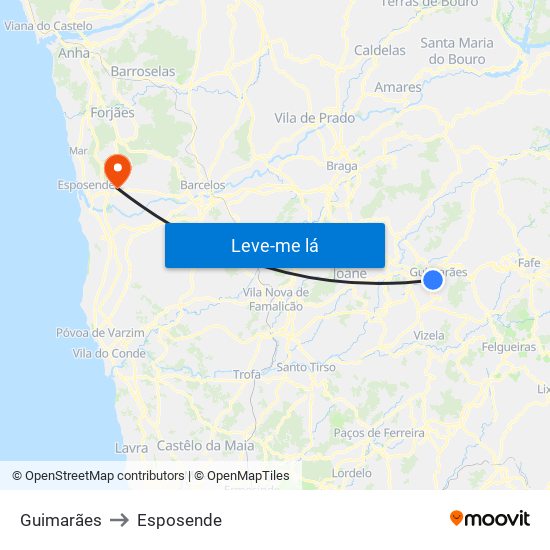 Guimarães to Esposende map