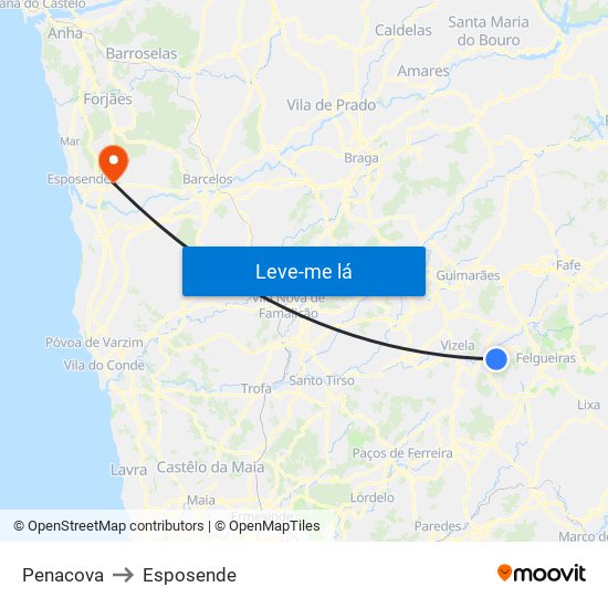 Penacova to Esposende map