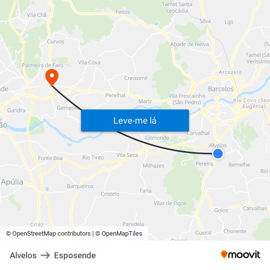 Alvelos to Esposende map