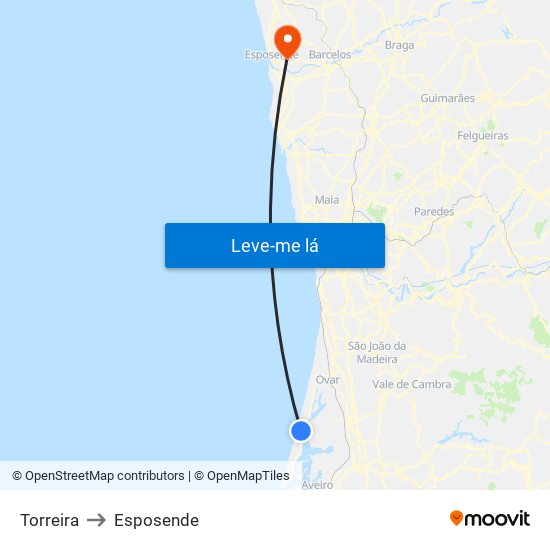 Torreira to Esposende map
