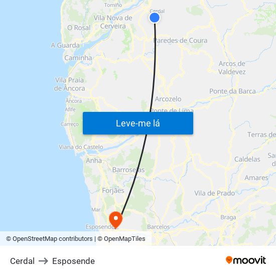 Cerdal to Esposende map