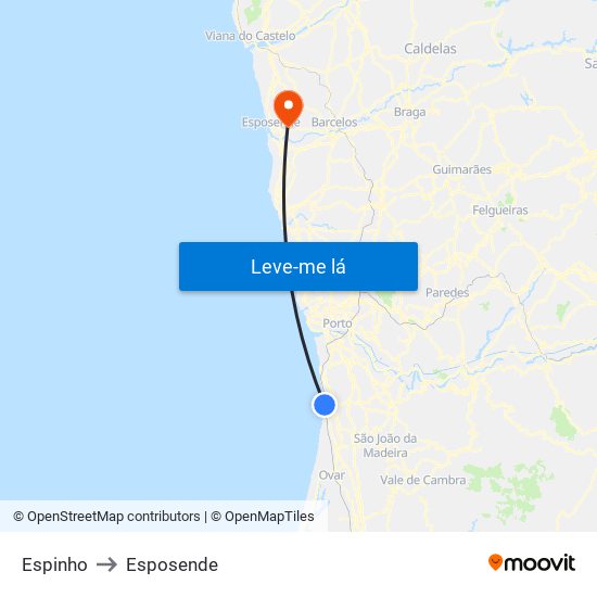 Espinho to Esposende map