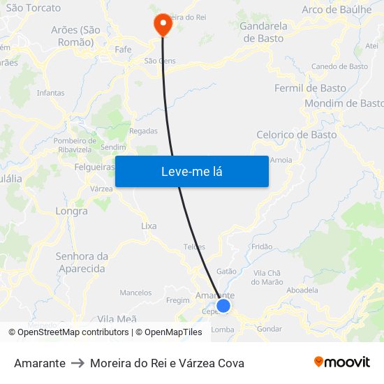 Amarante to Moreira do Rei e Várzea Cova map