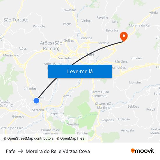 Fafe to Moreira do Rei e Várzea Cova map