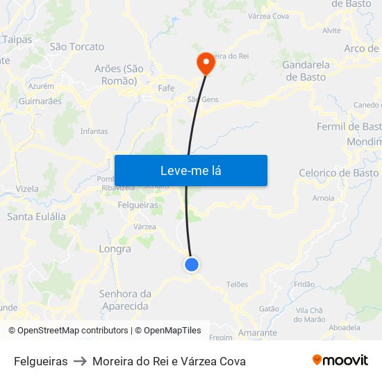 Felgueiras to Moreira do Rei e Várzea Cova map