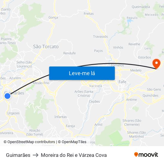 Guimarães to Moreira do Rei e Várzea Cova map