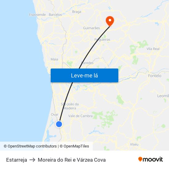 Estarreja to Moreira do Rei e Várzea Cova map