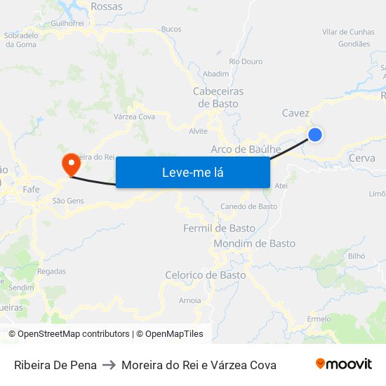 Ribeira De Pena to Moreira do Rei e Várzea Cova map