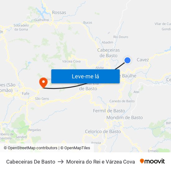 Cabeceiras De Basto to Moreira do Rei e Várzea Cova map