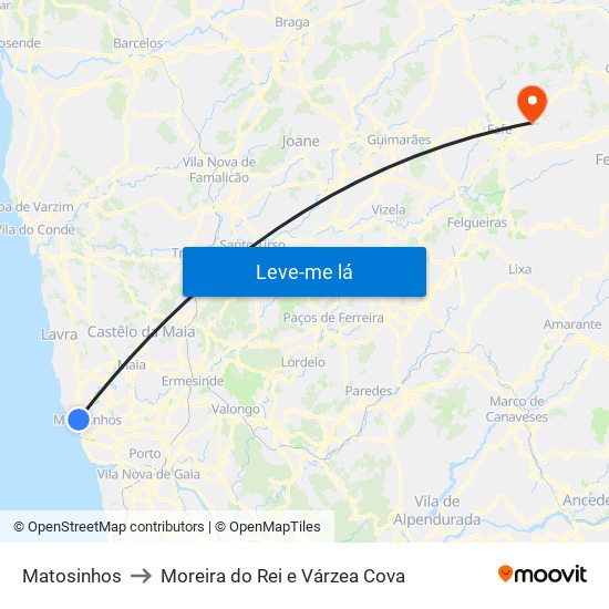 Matosinhos to Moreira do Rei e Várzea Cova map