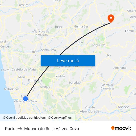 Porto to Moreira do Rei e Várzea Cova map