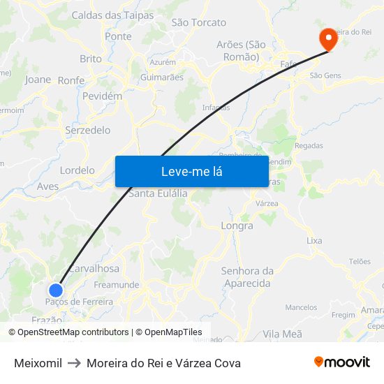 Meixomil to Moreira do Rei e Várzea Cova map