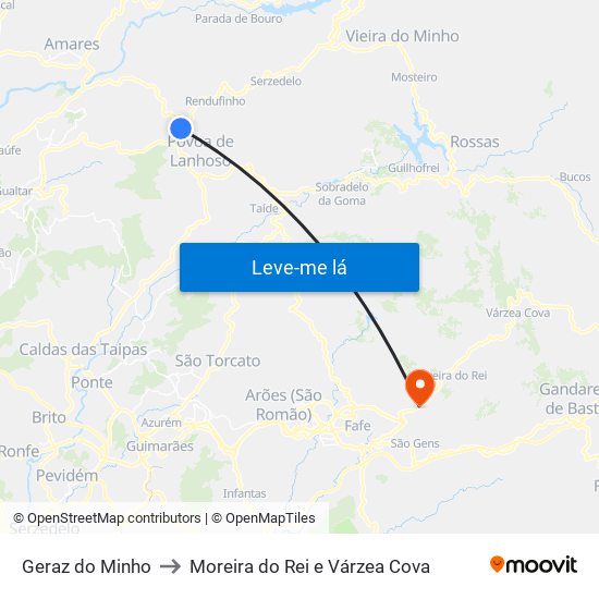 Geraz do Minho to Moreira do Rei e Várzea Cova map