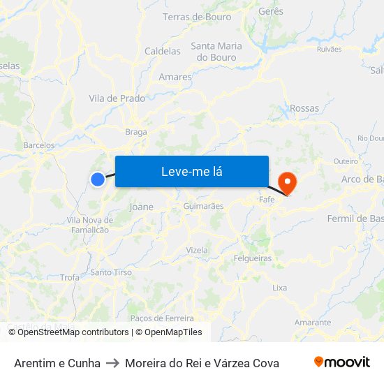 Arentim e Cunha to Moreira do Rei e Várzea Cova map