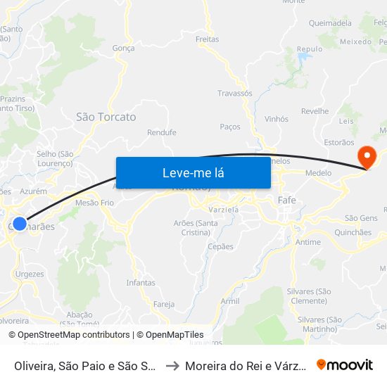 Oliveira, São Paio e São Sebastião to Moreira do Rei e Várzea Cova map