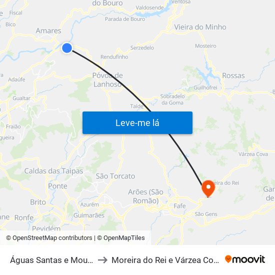 Águas Santas e Moure to Moreira do Rei e Várzea Cova map
