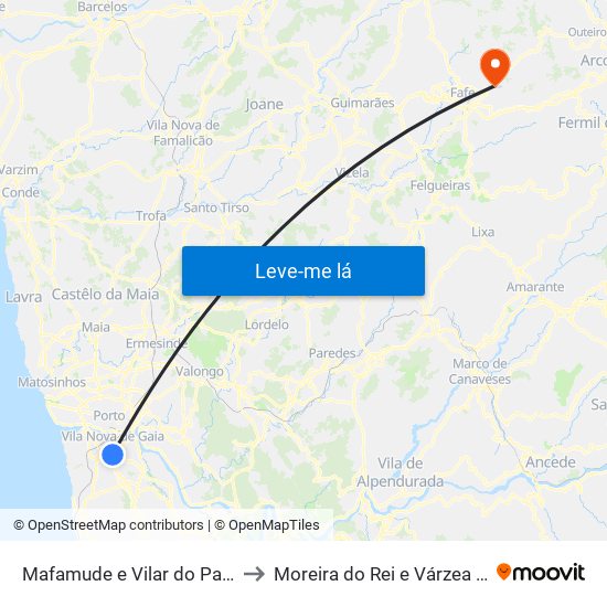 Mafamude e Vilar do Paraíso to Moreira do Rei e Várzea Cova map