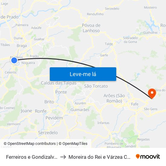 Ferreiros e Gondizalves to Moreira do Rei e Várzea Cova map