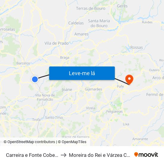 Carreira e Fonte Coberta to Moreira do Rei e Várzea Cova map