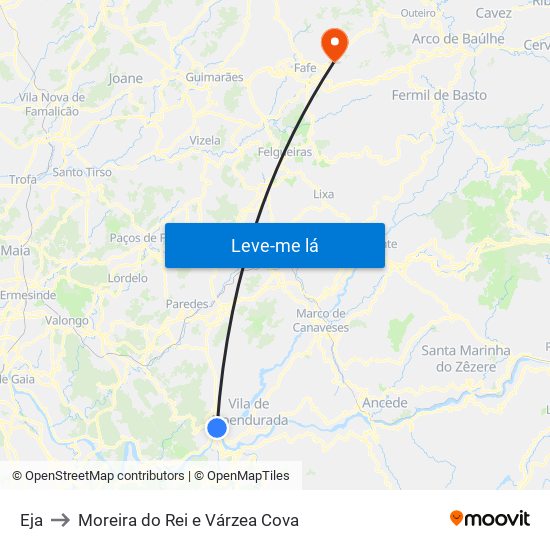 Eja to Moreira do Rei e Várzea Cova map