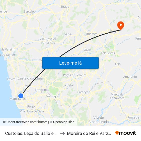 Custóias, Leça do Balio e Guifões to Moreira do Rei e Várzea Cova map