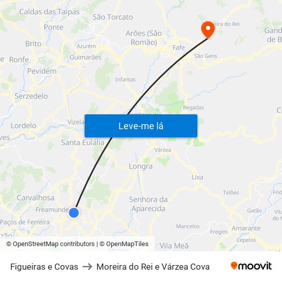 Figueiras e Covas to Moreira do Rei e Várzea Cova map