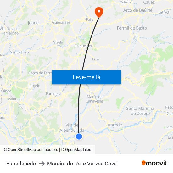 Espadanedo to Moreira do Rei e Várzea Cova map
