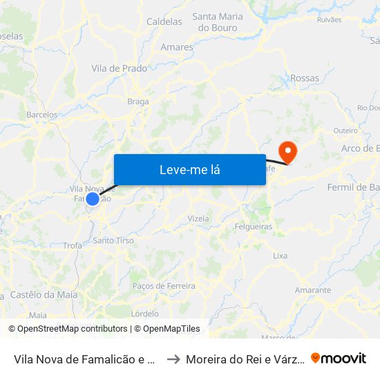 Vila Nova de Famalicão e Calendário to Moreira do Rei e Várzea Cova map