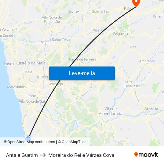 Anta e Guetim to Moreira do Rei e Várzea Cova map