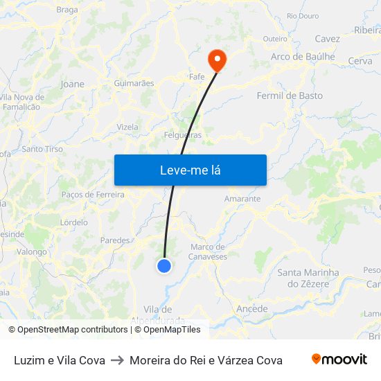 Luzim e Vila Cova to Moreira do Rei e Várzea Cova map