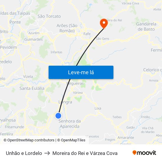 Unhão e Lordelo to Moreira do Rei e Várzea Cova map