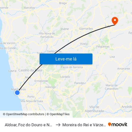 Aldoar, Foz do Douro e Nevogilde to Moreira do Rei e Várzea Cova map