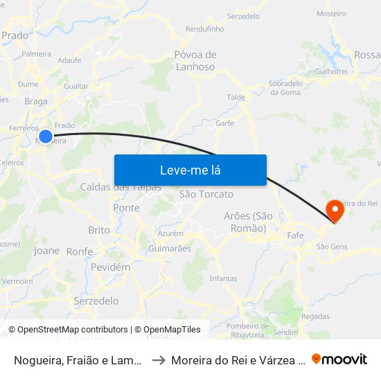 Nogueira, Fraião e Lamaçães to Moreira do Rei e Várzea Cova map