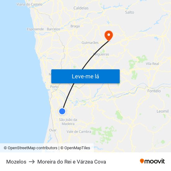 Mozelos to Moreira do Rei e Várzea Cova map