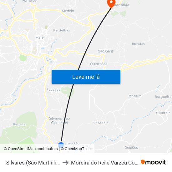Silvares (São Martinho) to Moreira do Rei e Várzea Cova map