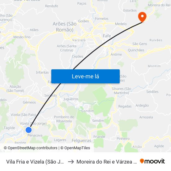 Vila Fria e Vizela (São Jorge) to Moreira do Rei e Várzea Cova map