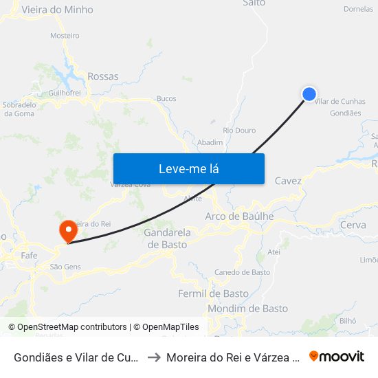 Gondiães e Vilar de Cunhas to Moreira do Rei e Várzea Cova map