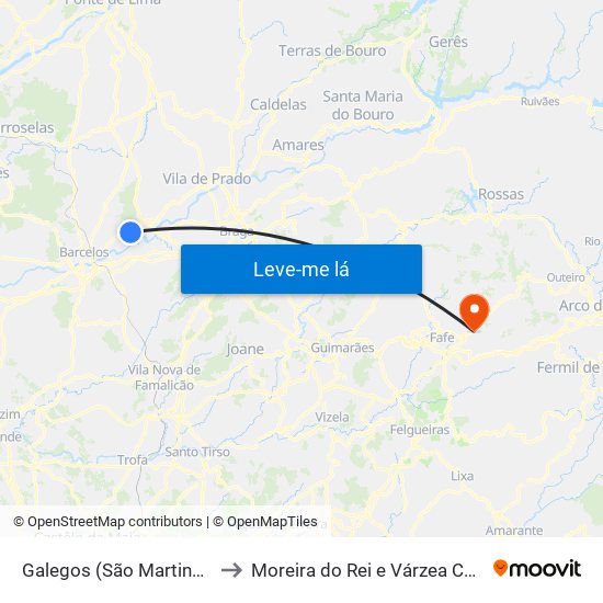 Galegos (São Martinho) to Moreira do Rei e Várzea Cova map