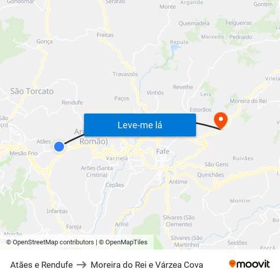 Atães e Rendufe to Moreira do Rei e Várzea Cova map