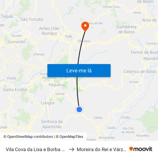 Vila Cova da Lixa e Borba de Godim to Moreira do Rei e Várzea Cova map