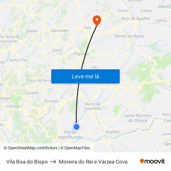 Vila Boa do Bispo to Moreira do Rei e Várzea Cova map