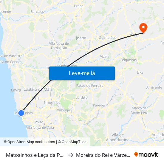 Matosinhos e Leça da Palmeira to Moreira do Rei e Várzea Cova map