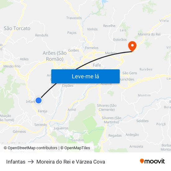 Infantas to Moreira do Rei e Várzea Cova map