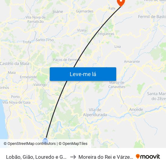 Lobão, Gião, Louredo e Guisande to Moreira do Rei e Várzea Cova map