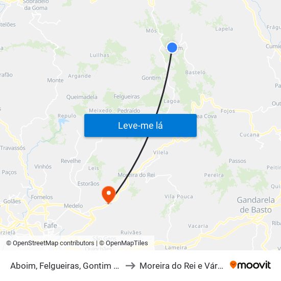 Aboim, Felgueiras, Gontim e Pedraído to Moreira do Rei e Várzea Cova map