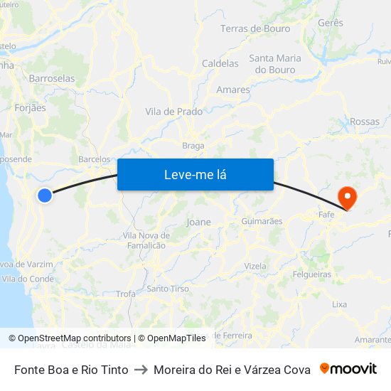 Fonte Boa e Rio Tinto to Moreira do Rei e Várzea Cova map