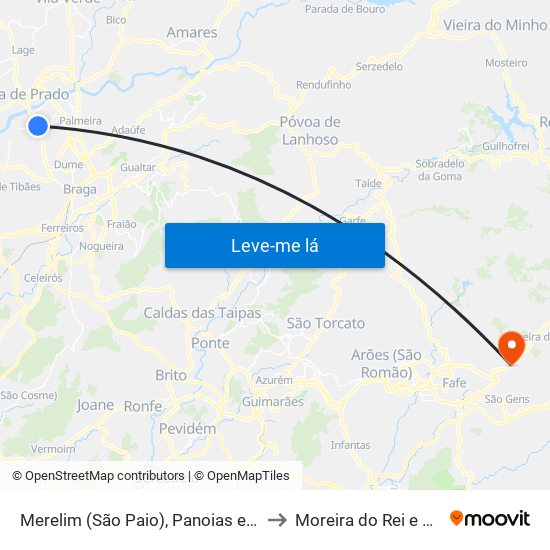 Merelim (São Paio), Panoias e Parada de Tibães to Moreira do Rei e Várzea Cova map