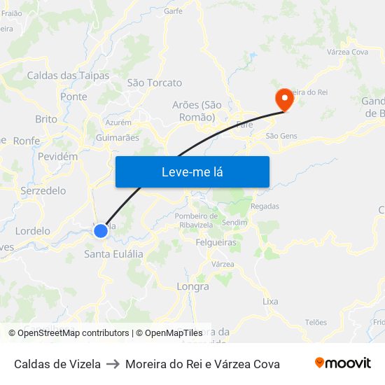 Caldas de Vizela to Moreira do Rei e Várzea Cova map