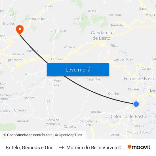 Britelo, Gémeos e Ourilhe to Moreira do Rei e Várzea Cova map