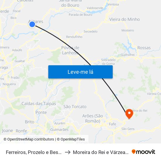 Ferreiros, Prozelo e Besteiros to Moreira do Rei e Várzea Cova map